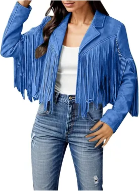 2023 Womens Fringe Jackets Fashion Cropped Petite Coats Tassel Motorcycle Short Jacket Trendy Casual Outerwear Overcoat