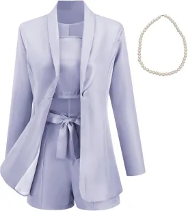 3 Piece Elegant Summer Outfits Women's Long Sleeve Blazer Coat & Short Pants & Top Set for Office Wedding Party