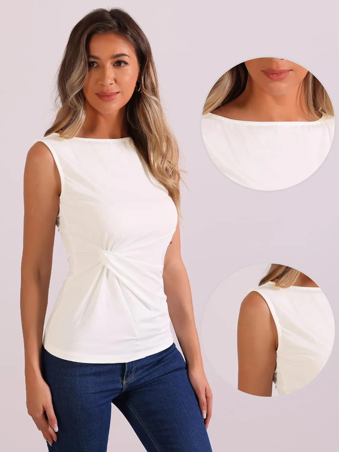 Allegra K Front Twist Knot Tops for Women's Casual Round Neck Sleeveless Top