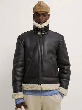 Ashoreshop men's lapel lamb wool PU Leather motorcycle jacket