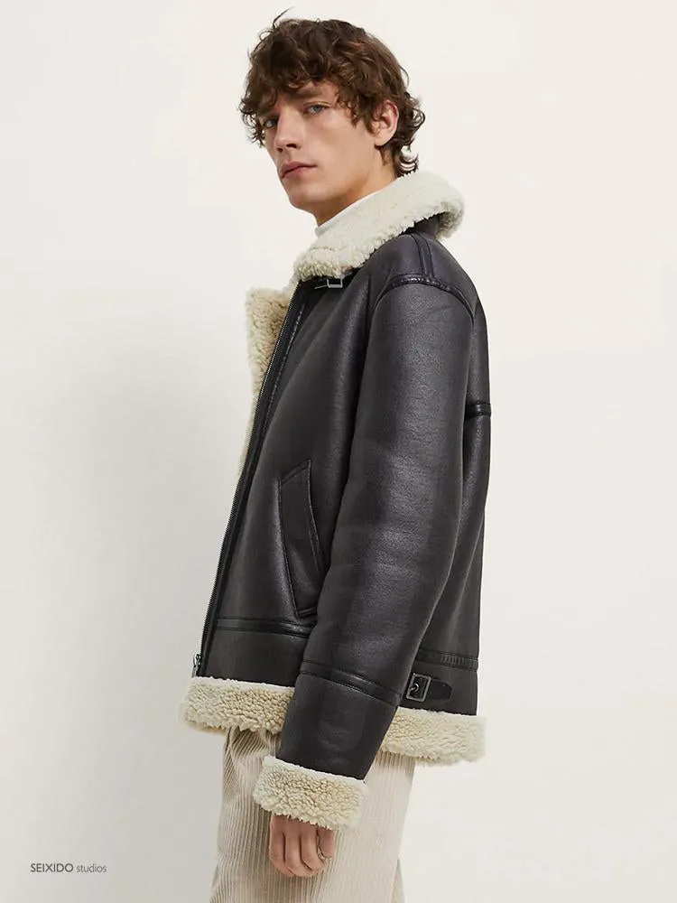 Ashoreshop men's lapel lamb wool PU Leather motorcycle jacket