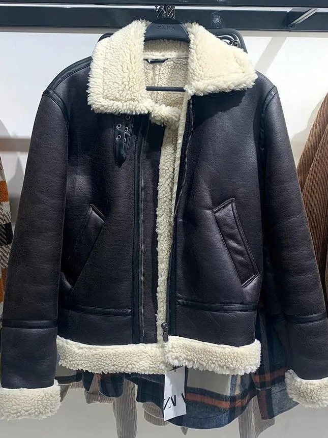 Ashoreshop men's lapel lamb wool PU Leather motorcycle jacket