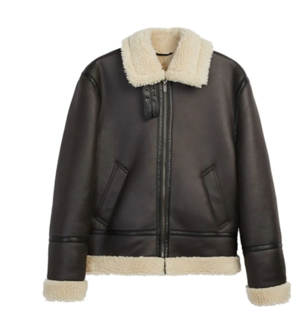 Ashoreshop men's lapel lamb wool PU Leather motorcycle jacket