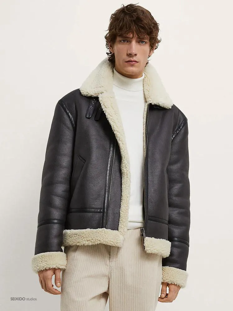 Ashoreshop men's lapel lamb wool PU Leather motorcycle jacket