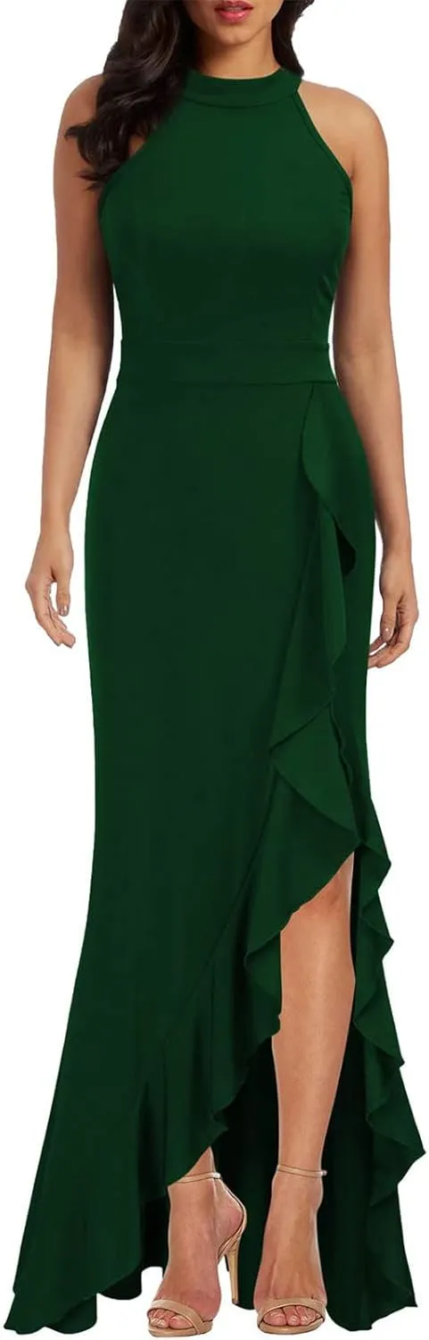 BAXLIMEK Cocktail Dresses for Women,2025 Elegant Bodycon One Shoulder Long Formal Dress,Trendy Sexy Ruffle Slit Party Dress