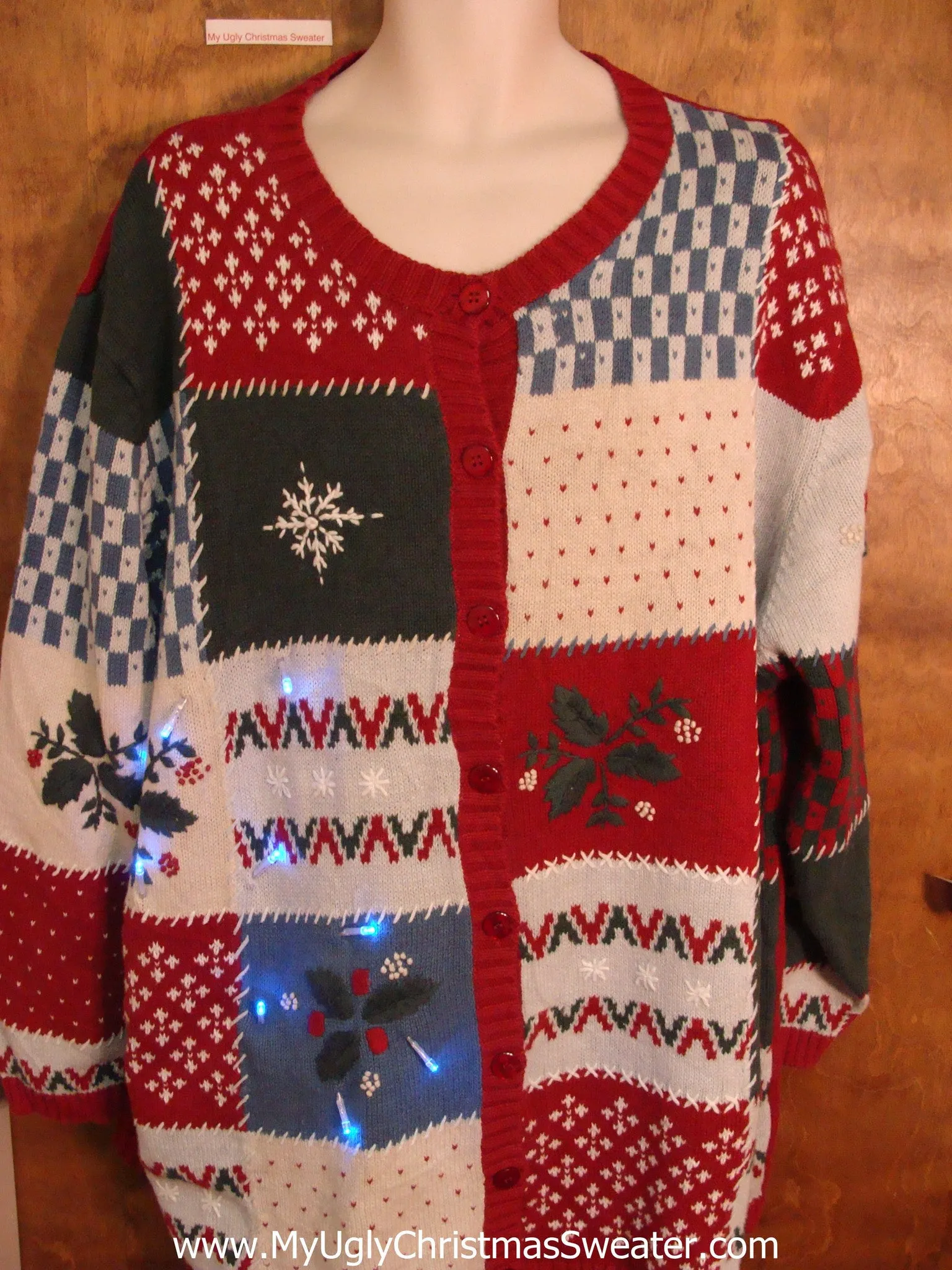 Big Size Patchwork Festive Cute Christmas Sweater with Lights