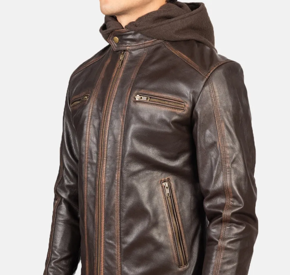 BIKER-1436 MUSH Vintage Brown Hooded Leather Biker Jacket