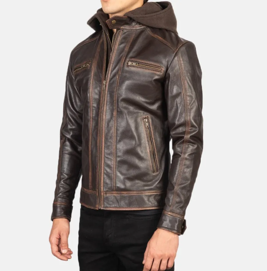 BIKER-1436 MUSH Vintage Brown Hooded Leather Biker Jacket