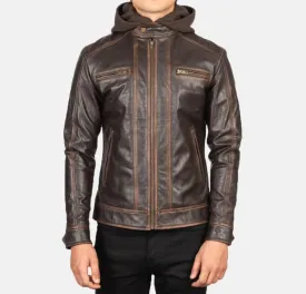 BIKER-1436 MUSH Vintage Brown Hooded Leather Biker Jacket