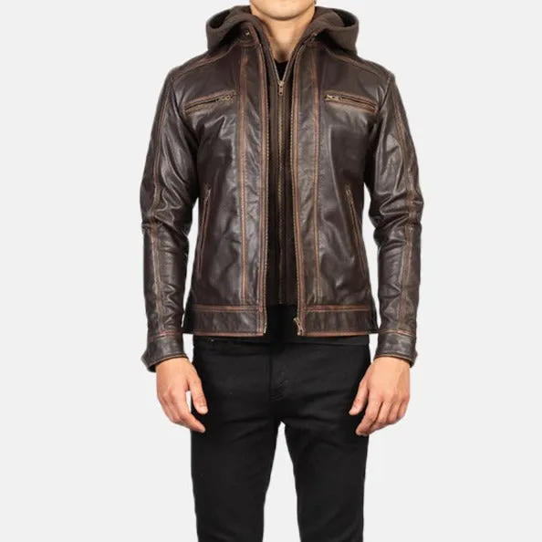 BIKER-1436 MUSH Vintage Brown Hooded Leather Biker Jacket