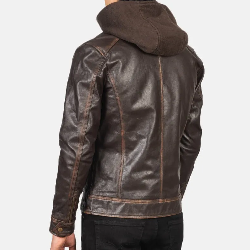 BIKER-1436 MUSH Vintage Brown Hooded Leather Biker Jacket
