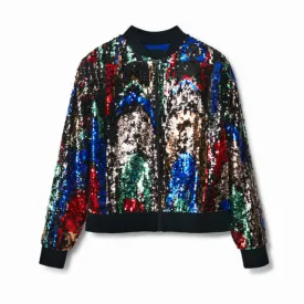 Black Sequin Zip-Up Bomber Jacket