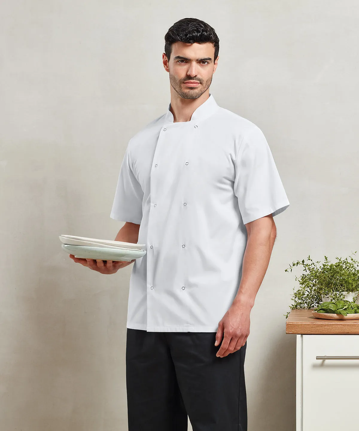 Black - Studded front short sleeve chef's jacket (C)