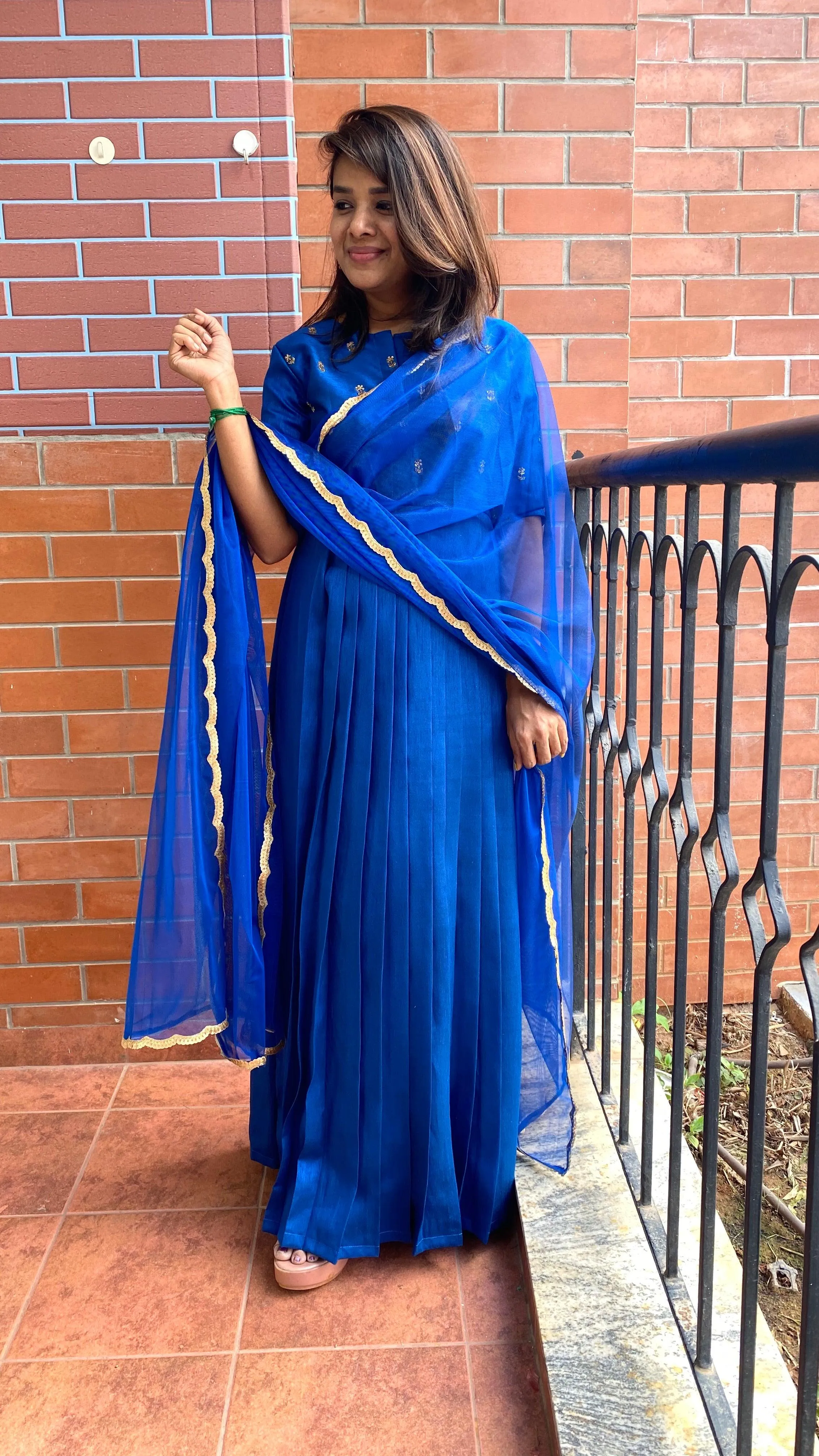 Blue silk hand worked yoke and sleeved Full length salwar