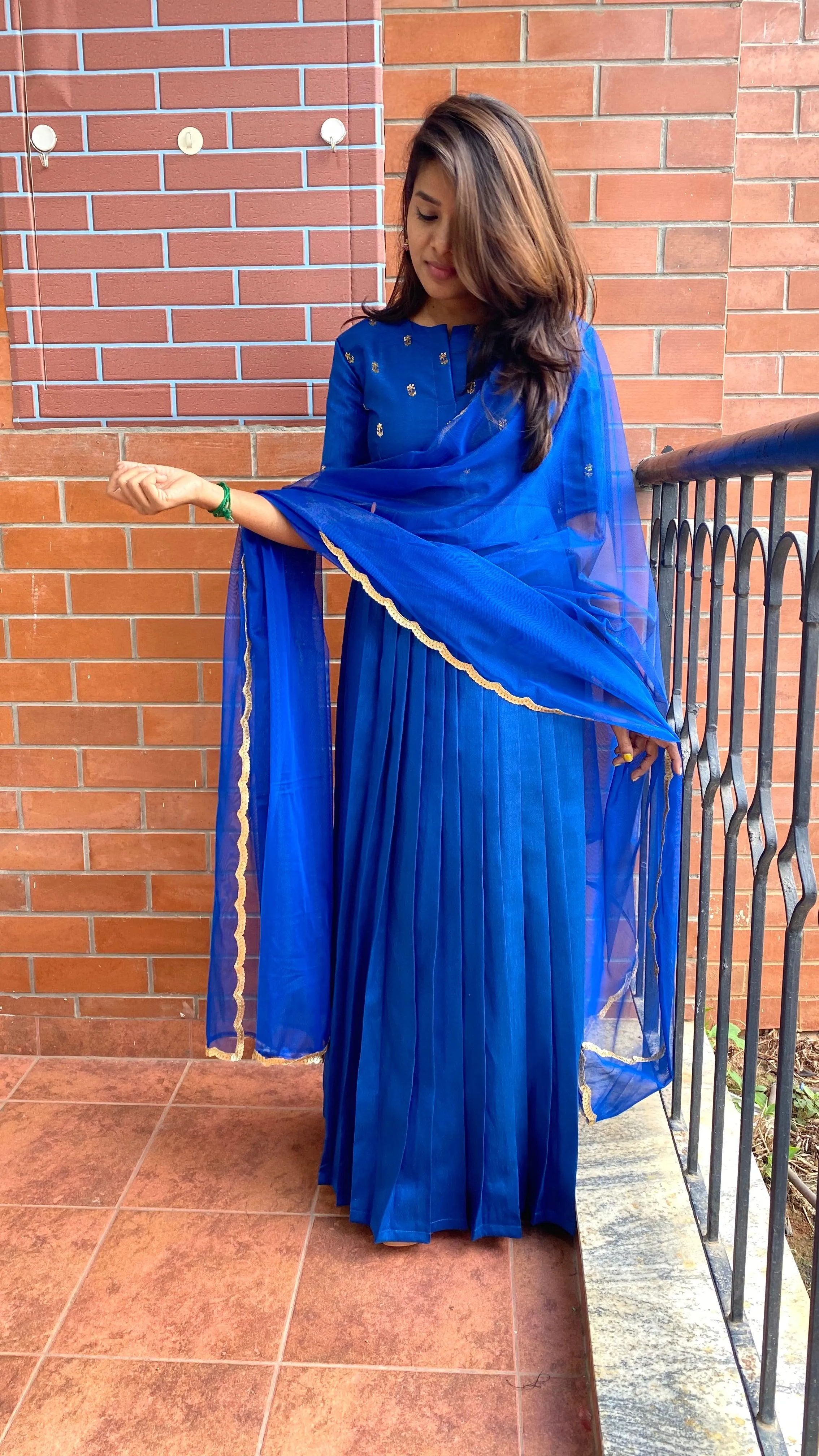 Blue silk hand worked yoke and sleeved Full length salwar