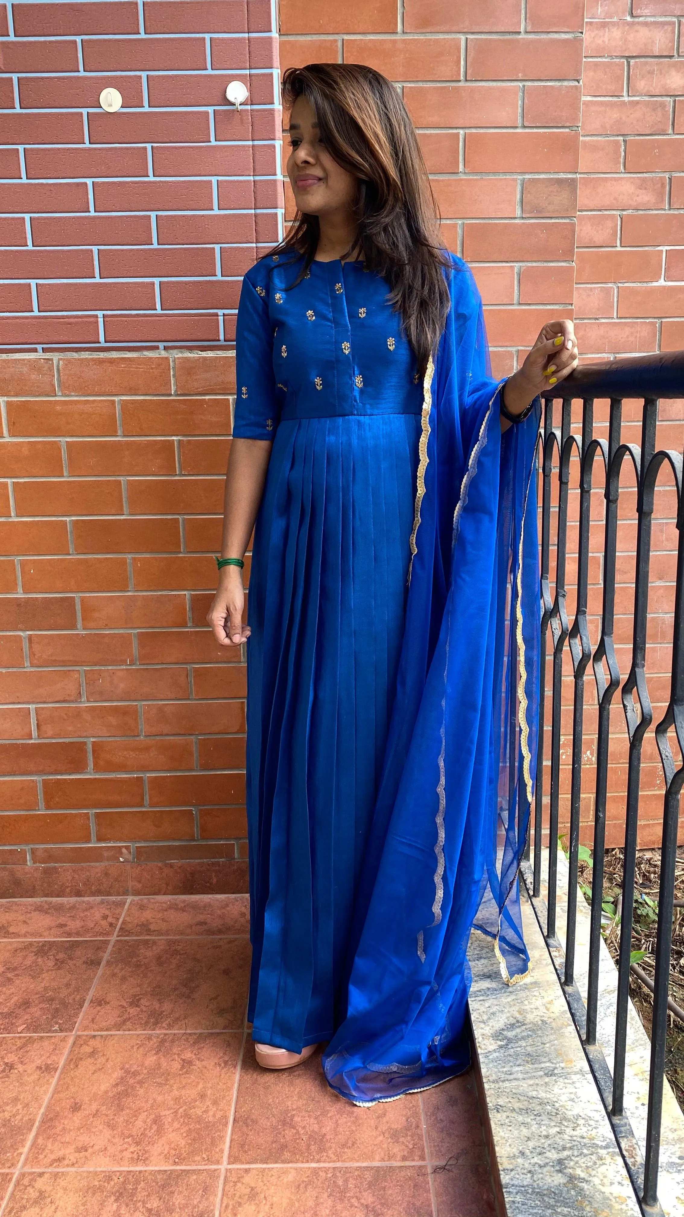 Blue silk hand worked yoke and sleeved Full length salwar