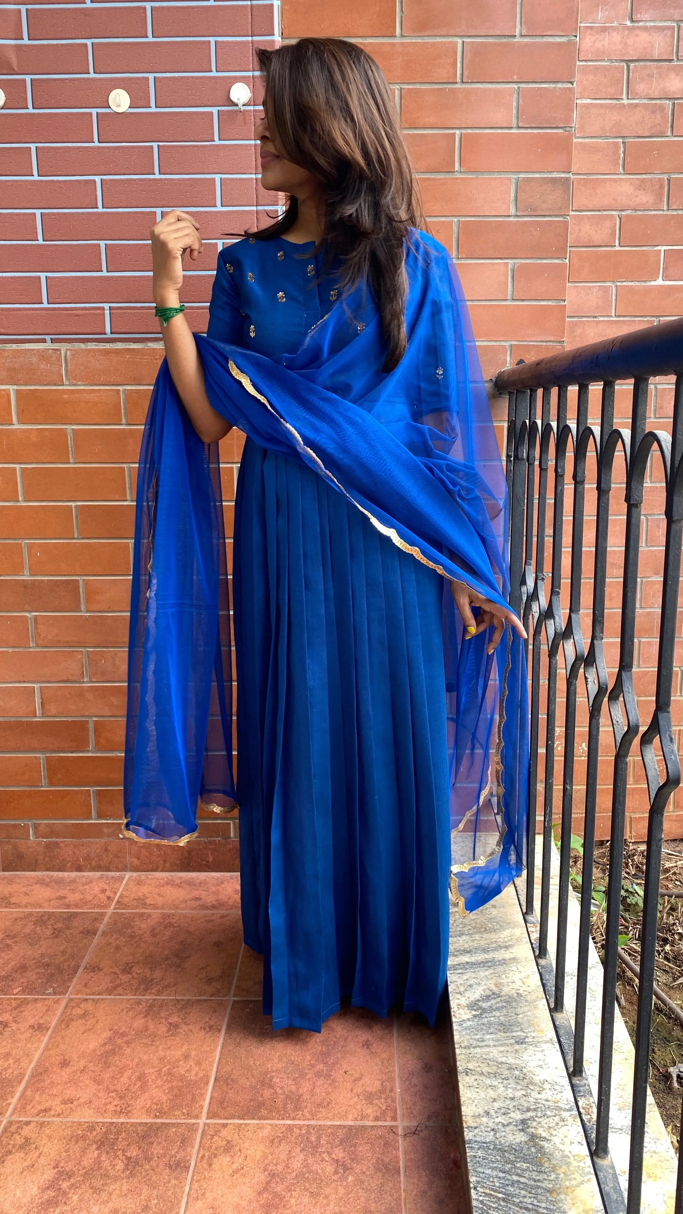 Blue silk hand worked yoke and sleeved Full length salwar