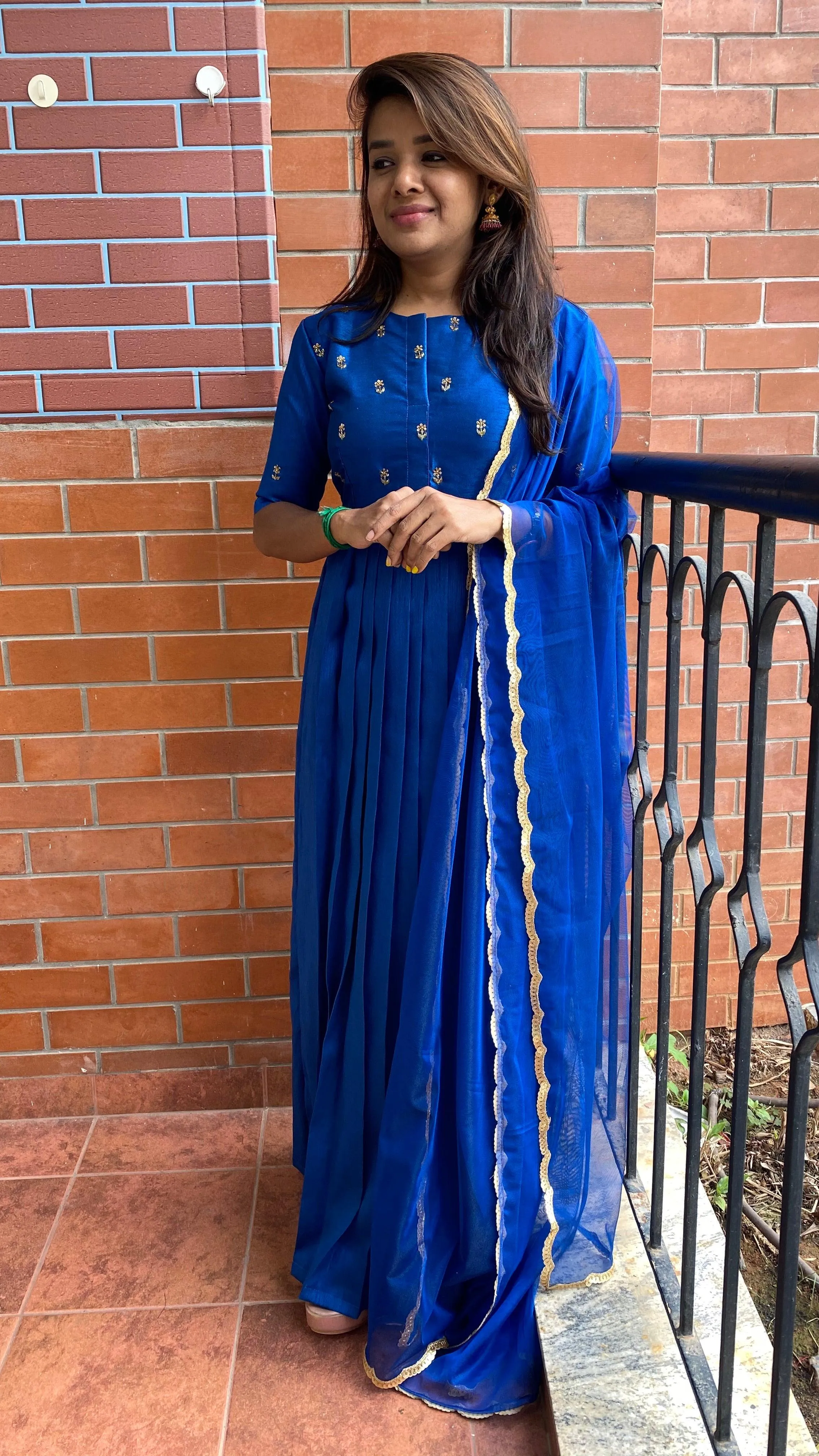 Blue silk hand worked yoke and sleeved Full length salwar