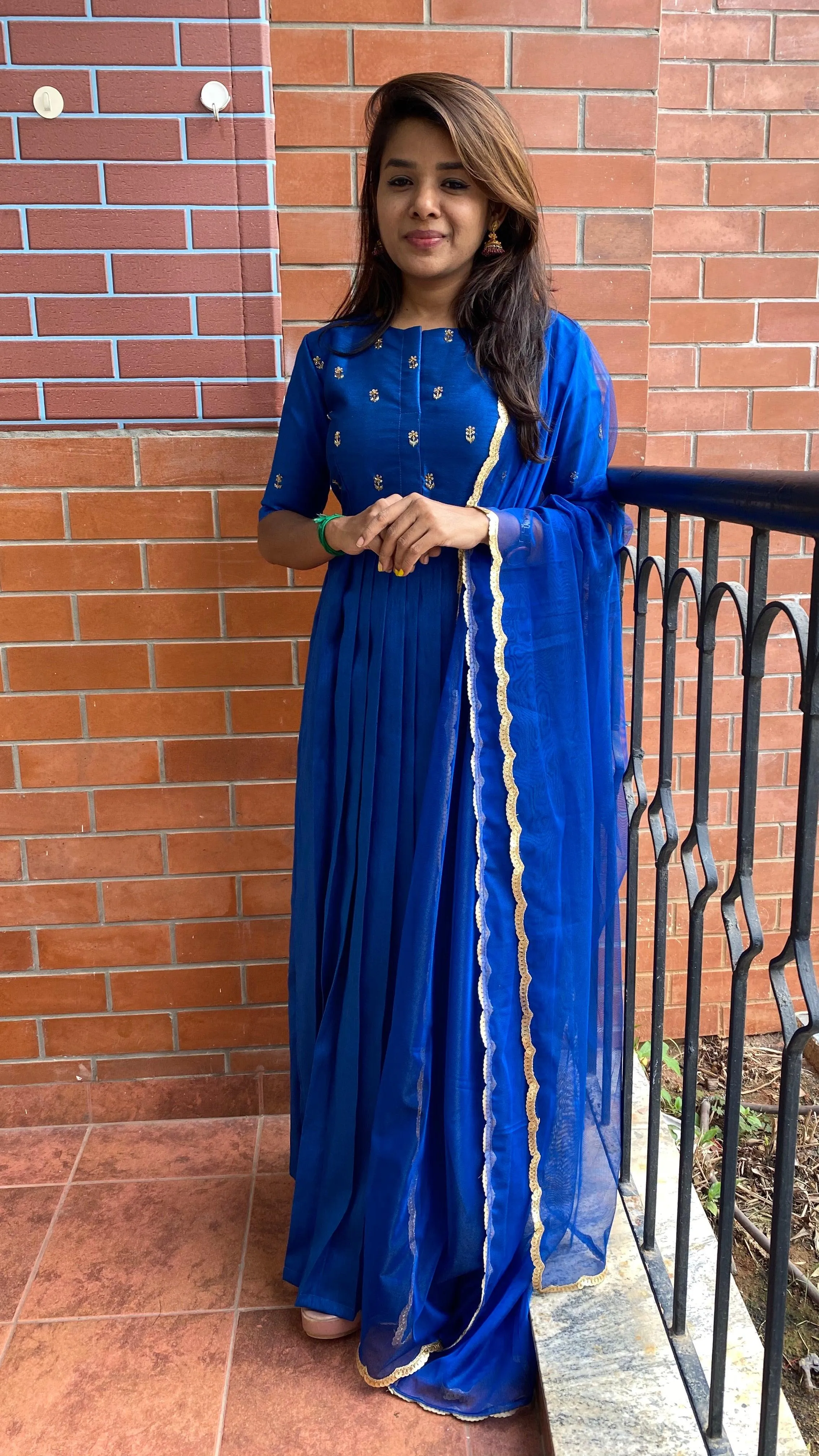 Blue silk hand worked yoke and sleeved Full length salwar