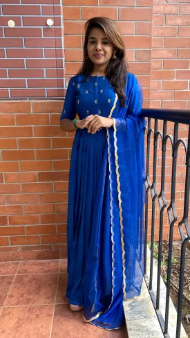 Blue silk hand worked yoke and sleeved Full length salwar