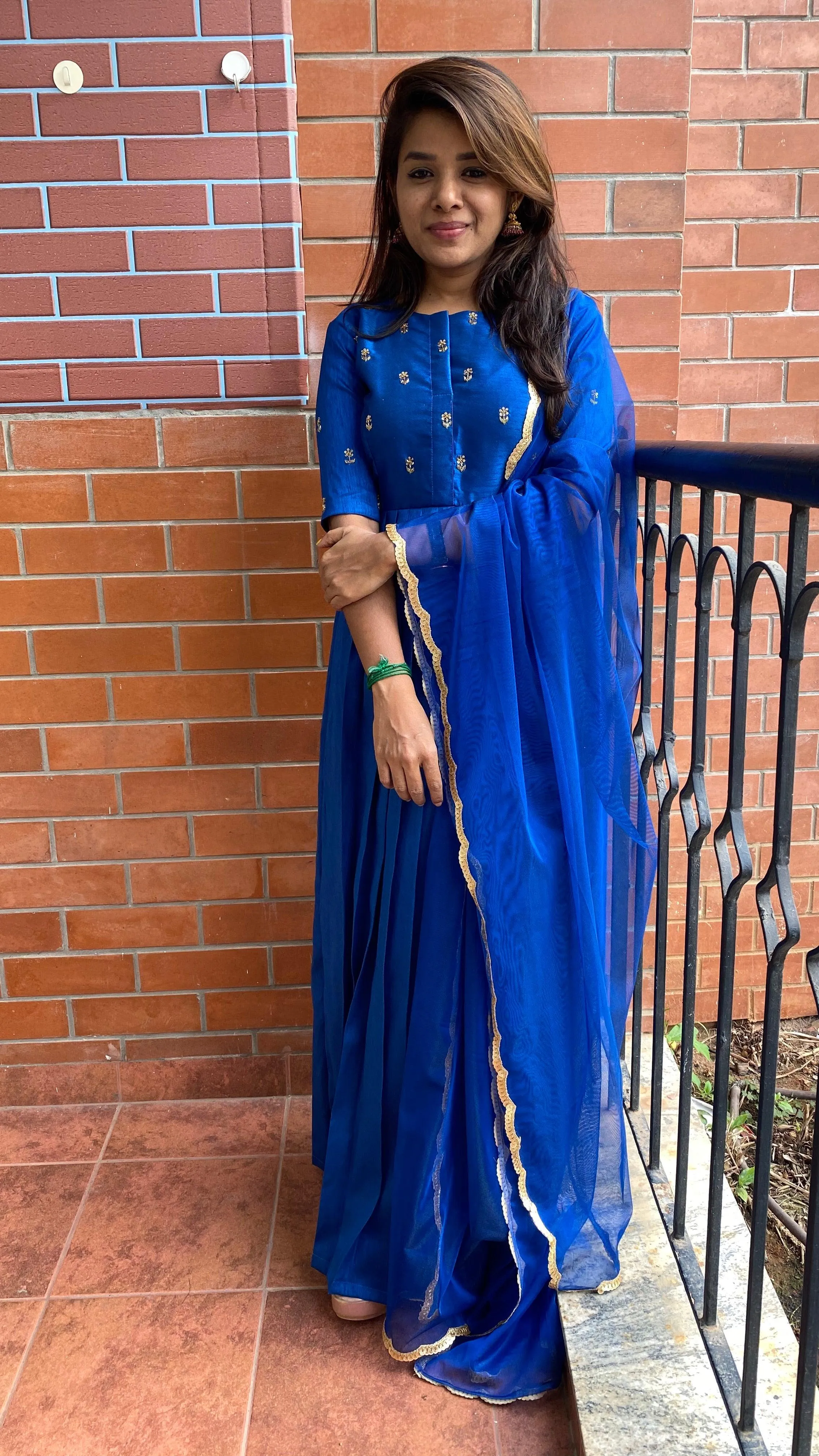 Blue silk hand worked yoke and sleeved Full length salwar