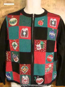 Checkerboard with Ornaments Cheesy Christmas Sweater
