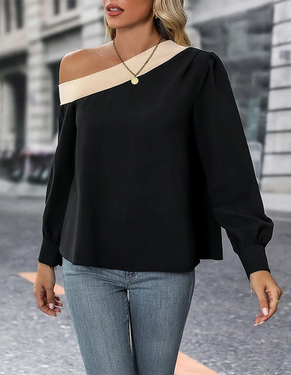 Colorblock Skew Collar Stitching Long Sleeve Shirt