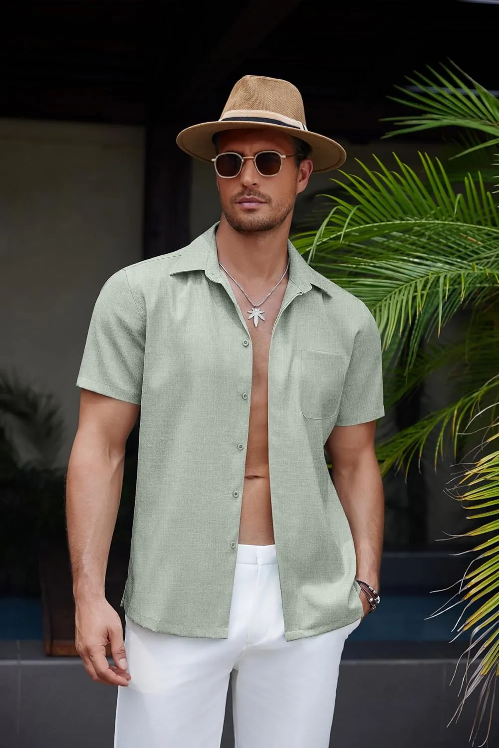 COOFANDY Mens Linen Shirt Casual Short Sleeve Button Down Shirt Summer Beach Vacation Wedding Wear