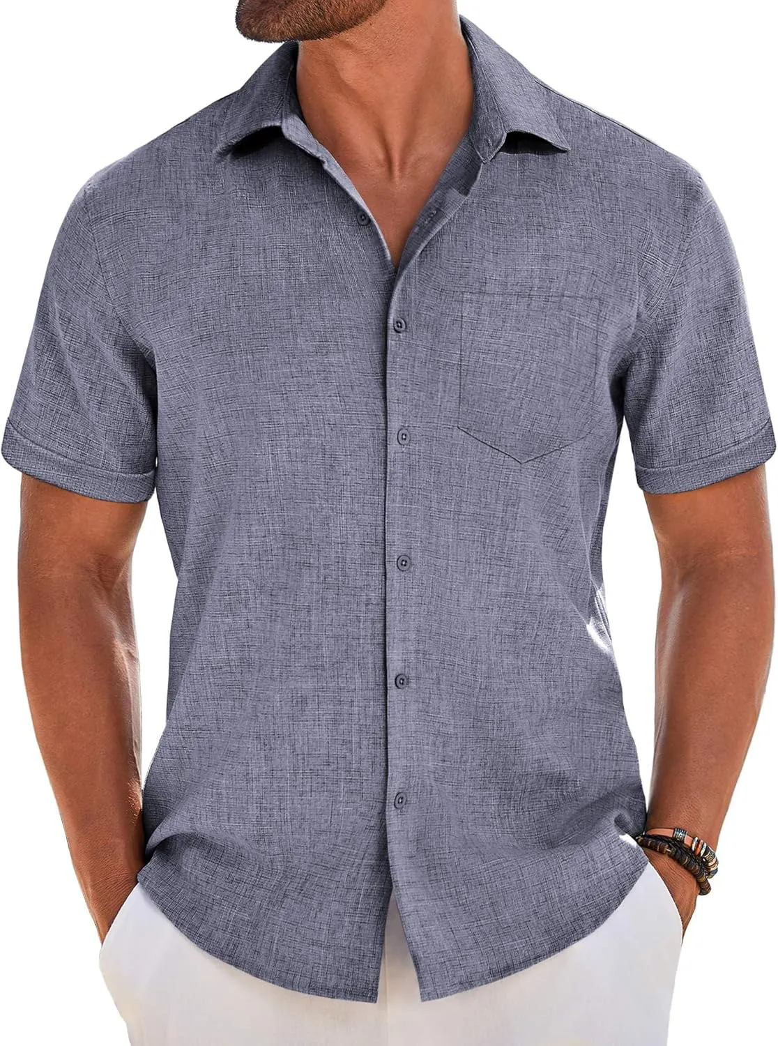 COOFANDY Men's Short Sleeve Button Down Shirt Casual Linen Shirts Summer Beach Vacation Shirt with Pocket