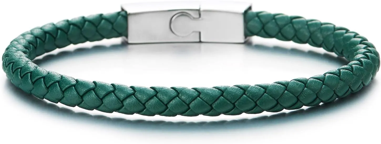COOLSTEELANDBEYOND Unisex Mens Women Thin Braided Leather Bracelet Leather Bangle Wristband, Steel Magnetic Clasp