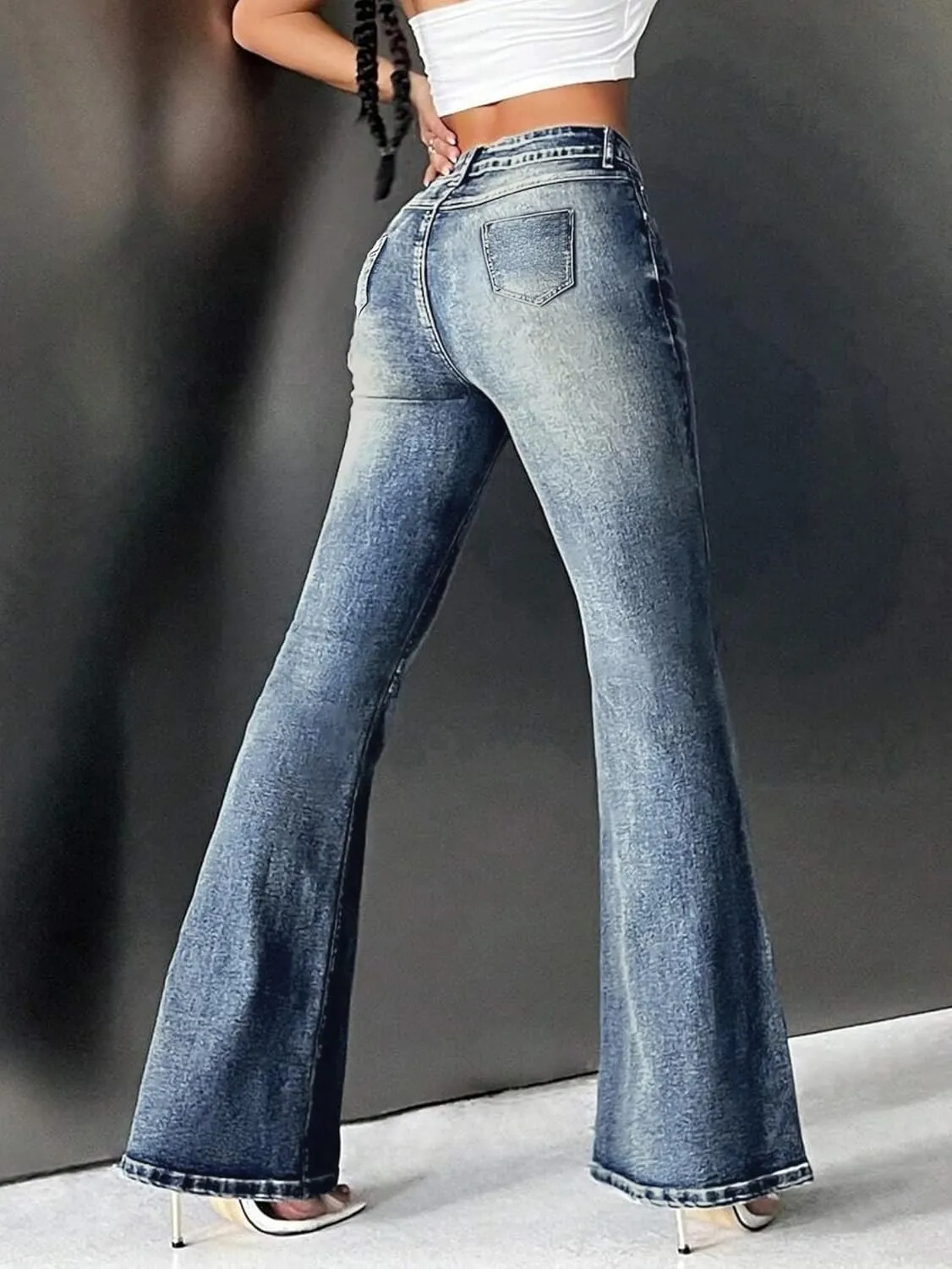 EMMIOL Women Bell Bottom Jeans Mid-Low Waist Stretch Flare Jeans Boyfriends Pants Y2K 90s Denim Pants