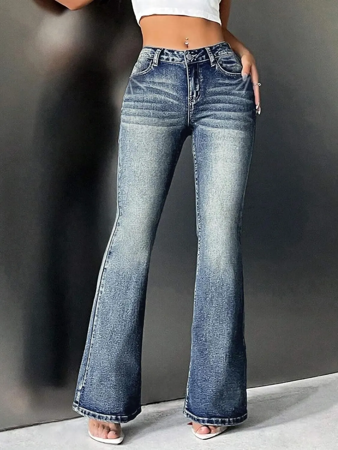 EMMIOL Women Bell Bottom Jeans Mid-Low Waist Stretch Flare Jeans Boyfriends Pants Y2K 90s Denim Pants