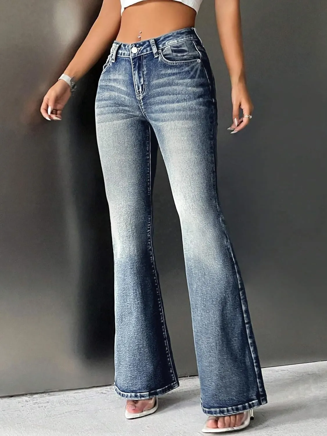 EMMIOL Women Bell Bottom Jeans Mid-Low Waist Stretch Flare Jeans Boyfriends Pants Y2K 90s Denim Pants