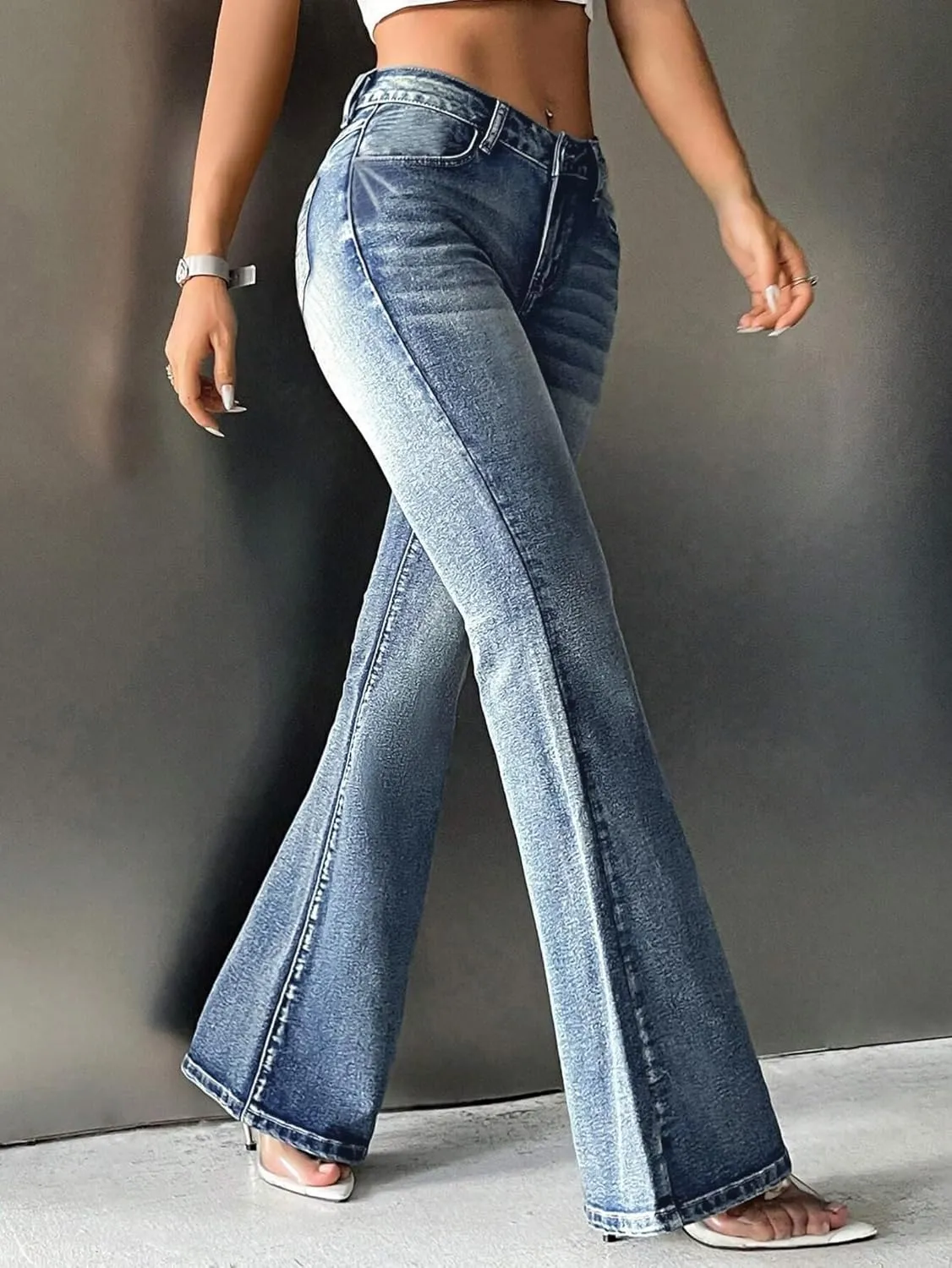 EMMIOL Women Bell Bottom Jeans Mid-Low Waist Stretch Flare Jeans Boyfriends Pants Y2K 90s Denim Pants
