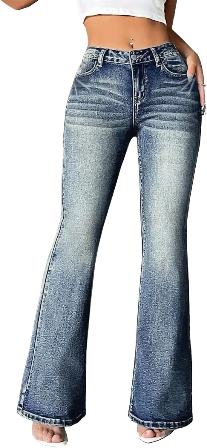 EMMIOL Women Bell Bottom Jeans Mid-Low Waist Stretch Flare Jeans Boyfriends Pants Y2K 90s Denim Pants