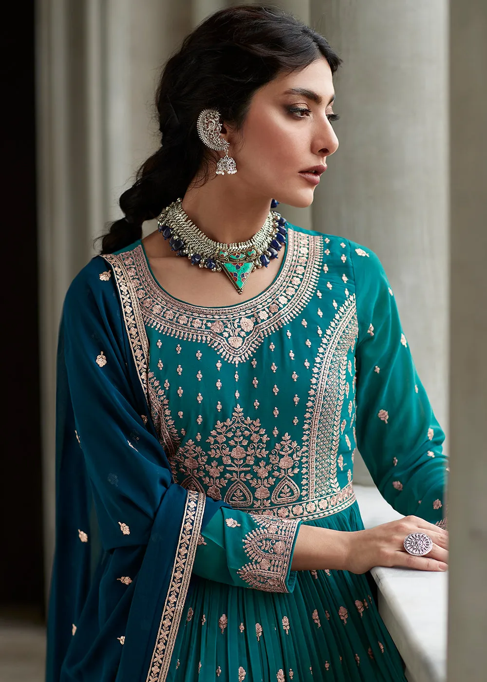 Entrancing Teal & Blue Sharara Top Style Lehenga Anarkali
