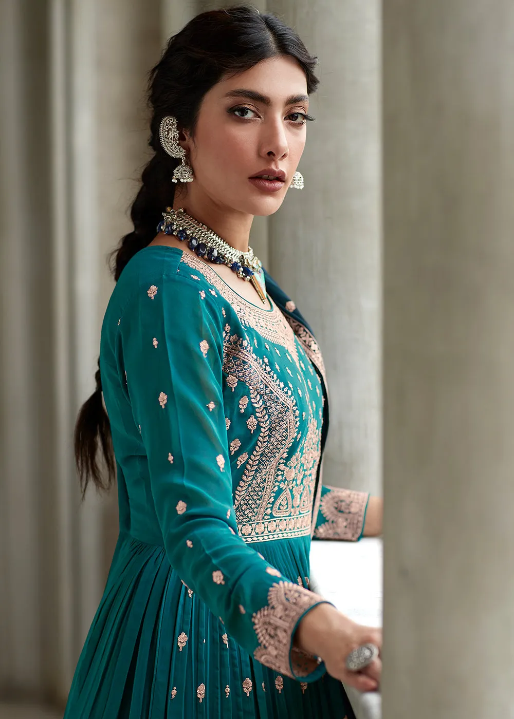 Entrancing Teal & Blue Sharara Top Style Lehenga Anarkali