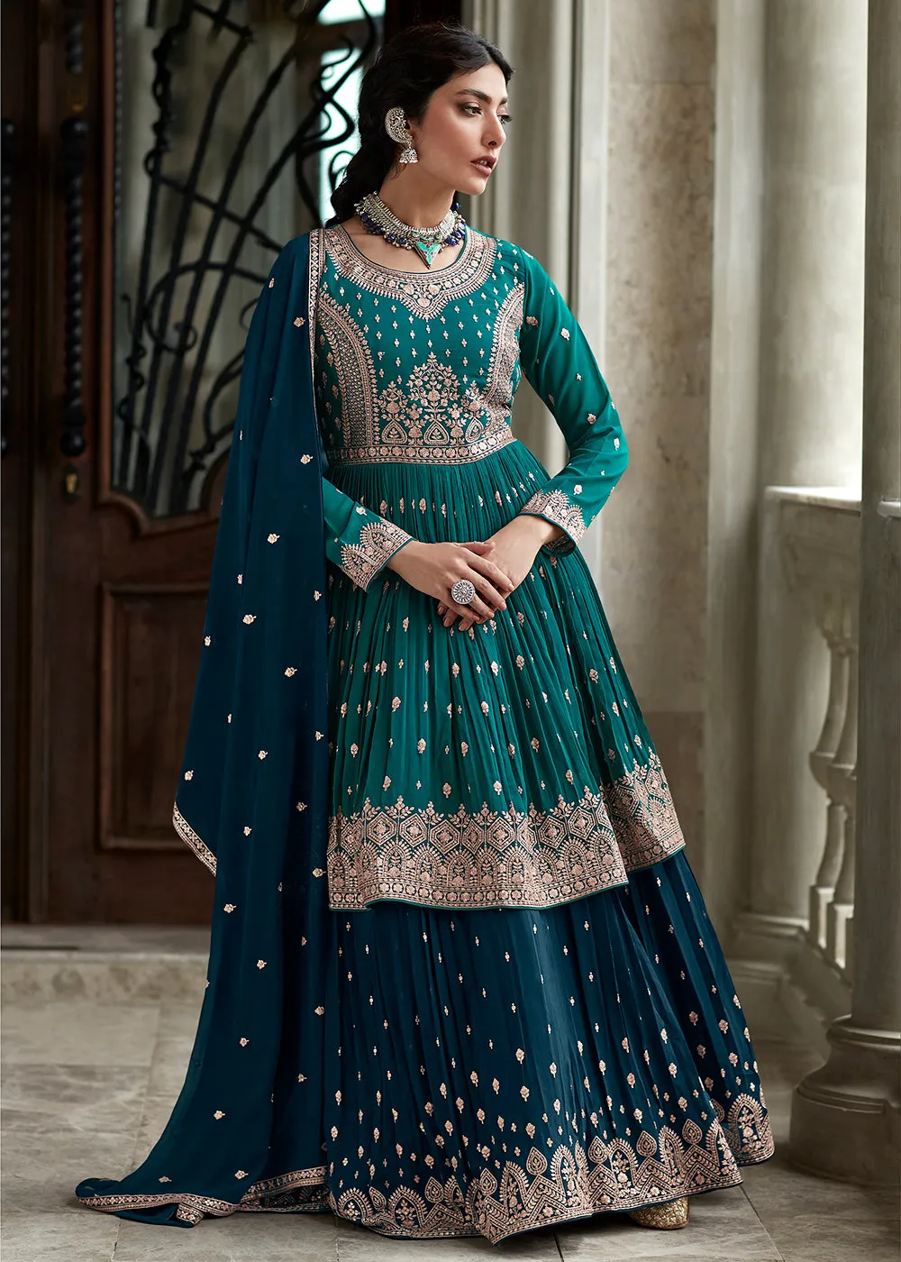 Entrancing Teal & Blue Sharara Top Style Lehenga Anarkali