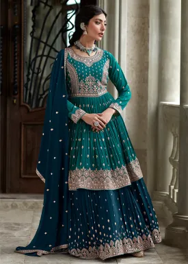 Entrancing Teal & Blue Sharara Top Style Lehenga Anarkali