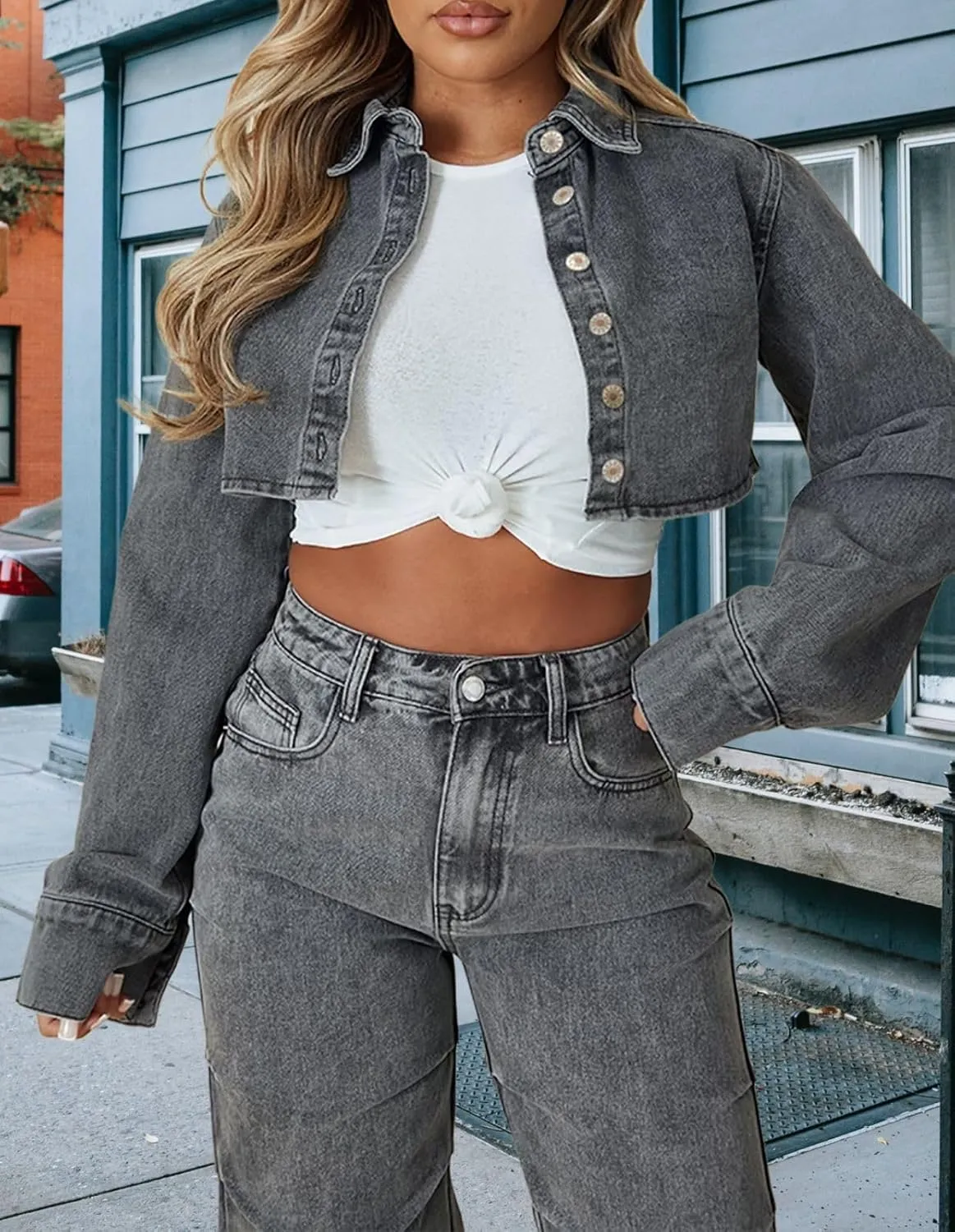 FairBeauty Women's Washed Distressed Denim Jacket Long Sleeve Ripped Button Up Cropped Jean Jacket