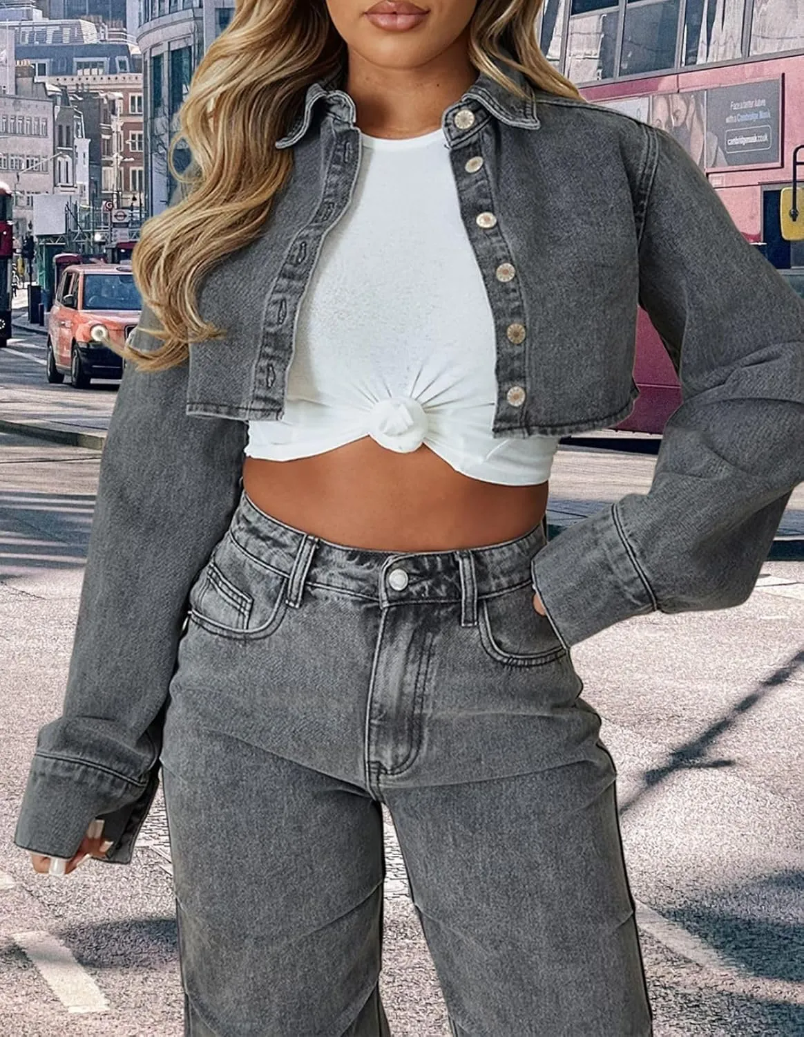 FairBeauty Women's Washed Distressed Denim Jacket Long Sleeve Ripped Button Up Cropped Jean Jacket