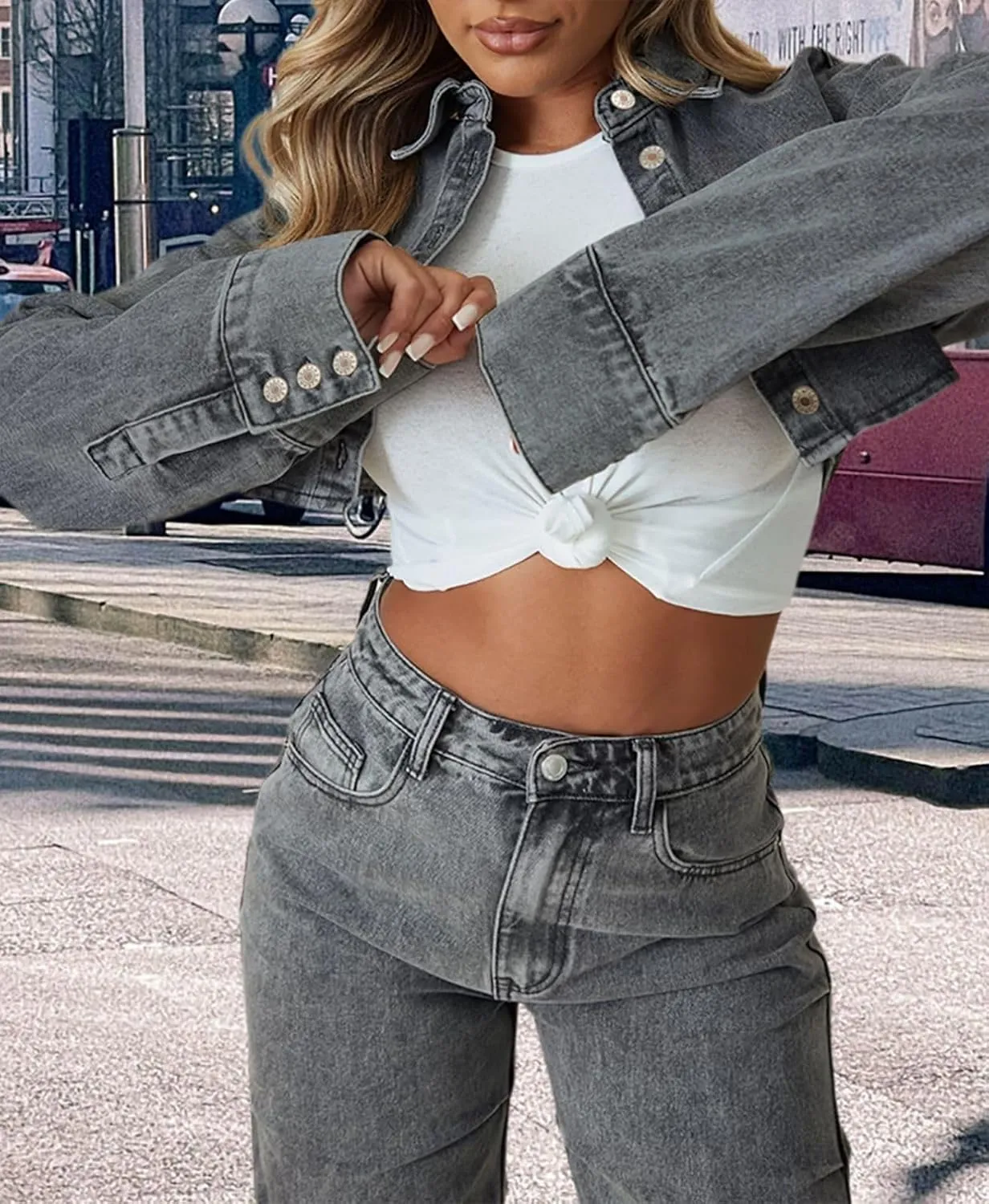FairBeauty Women's Washed Distressed Denim Jacket Long Sleeve Ripped Button Up Cropped Jean Jacket
