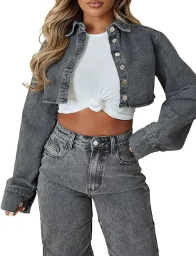 FairBeauty Women's Washed Distressed Denim Jacket Long Sleeve Ripped Button Up Cropped Jean Jacket