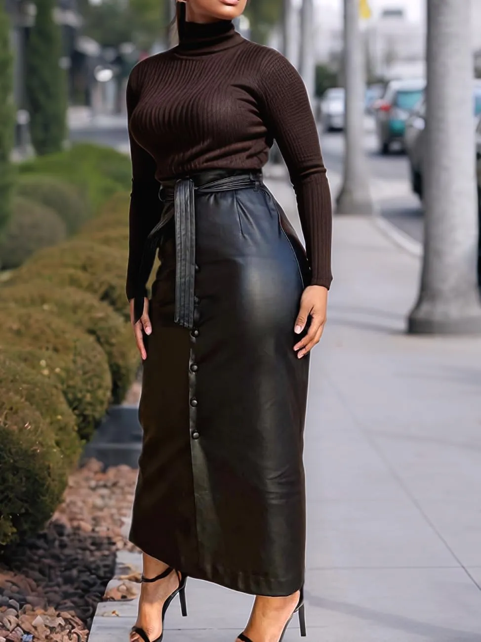 Faux Leather Midi Skirts for Women Stretch High Waist PU Wrap Bodycon Long Skirt with Tie Belt