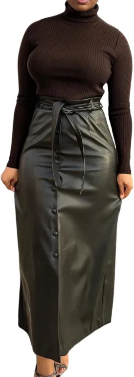 Faux Leather Midi Skirts for Women Stretch High Waist PU Wrap Bodycon Long Skirt with Tie Belt