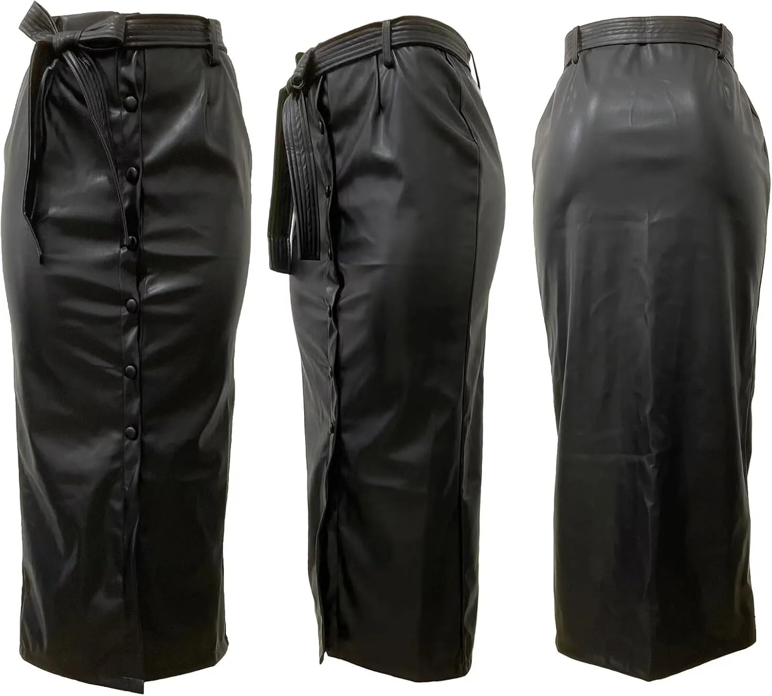 Faux Leather Midi Skirts for Women Stretch High Waist PU Wrap Bodycon Long Skirt with Tie Belt
