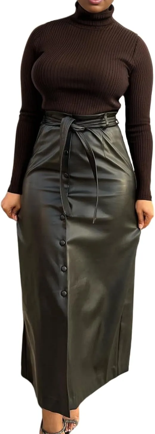 Faux Leather Midi Skirts for Women Stretch High Waist PU Wrap Bodycon Long Skirt with Tie Belt