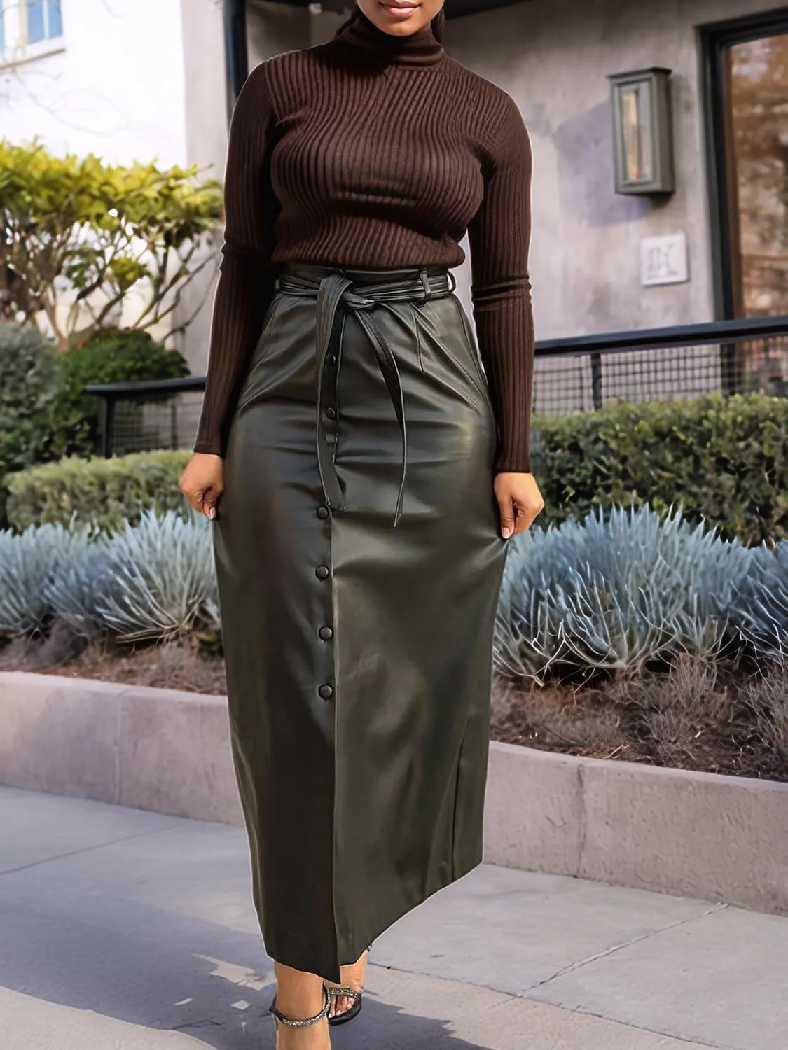 Faux Leather Midi Skirts for Women Stretch High Waist PU Wrap Bodycon Long Skirt with Tie Belt