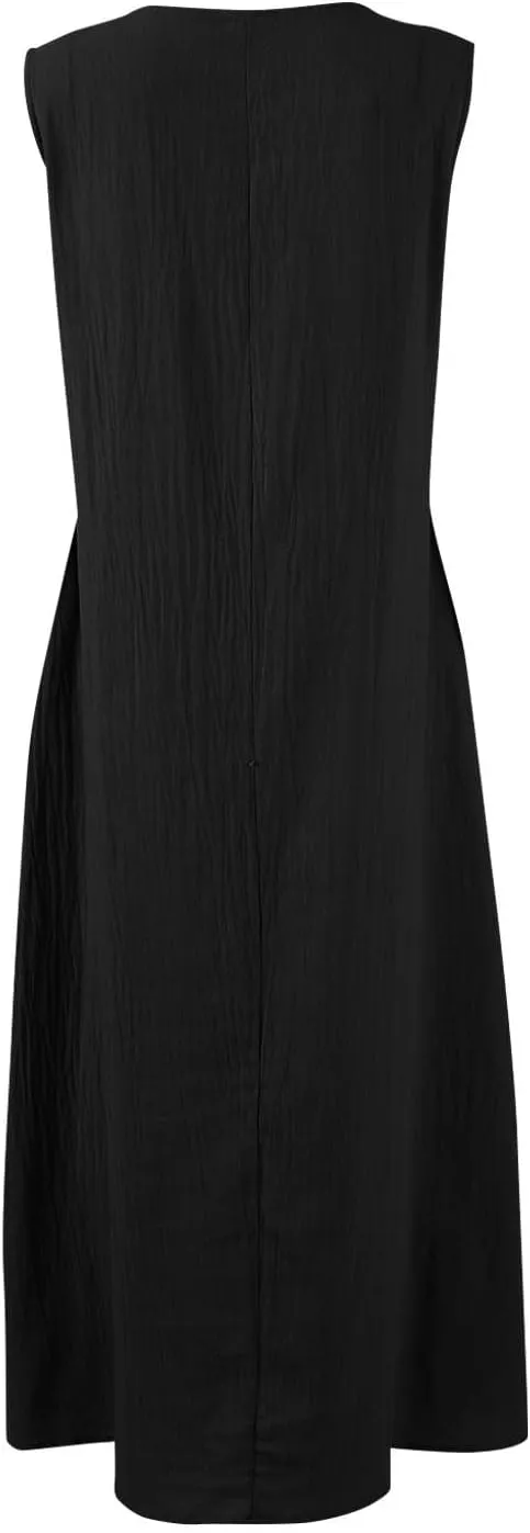 FlekmanArt Summer Cotton Linen Long Dress for Women 2025 Sleeveless Boho Flowy Dresses Plus Size Button V Neck Comfy Dress
