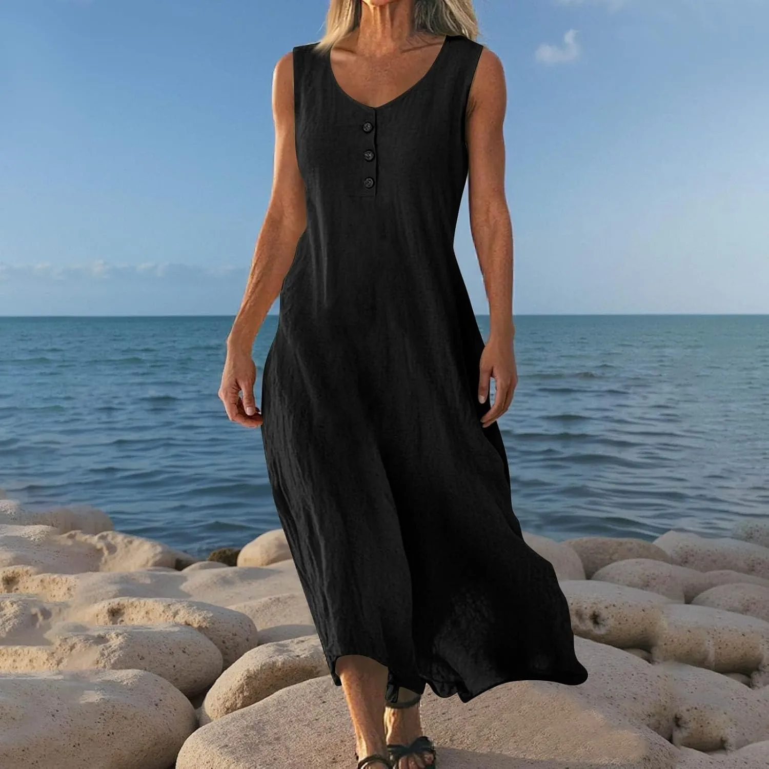 FlekmanArt Summer Cotton Linen Long Dress for Women 2025 Sleeveless Boho Flowy Dresses Plus Size Button V Neck Comfy Dress